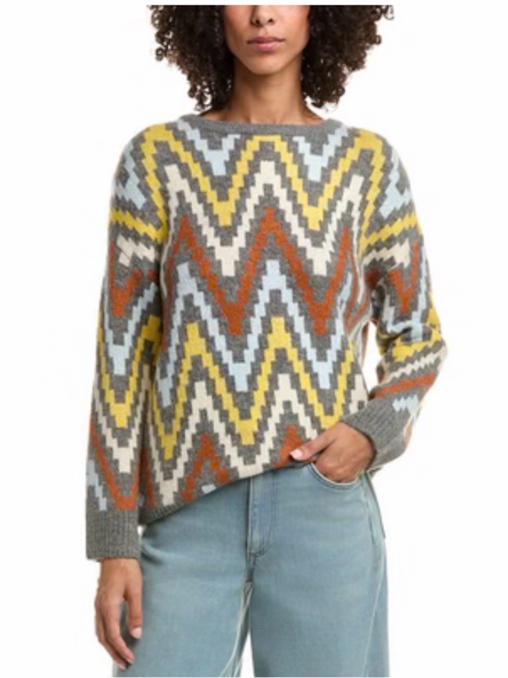 Industry Oversized Crewneck Sweater in Gray with Multicolor Chevron. Size Medium